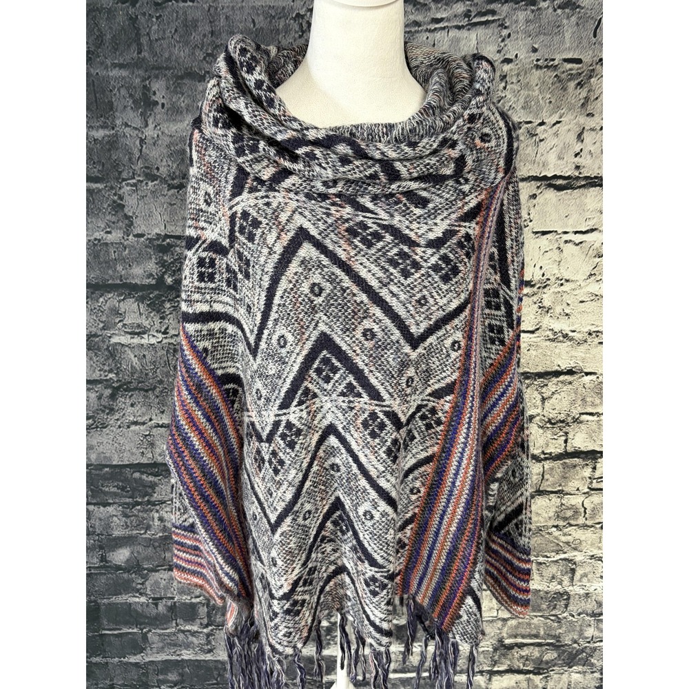 Free People Be The One Poncho Sweater Womens L Blue Cowl Neck Fringe OB454203 - Picture 2 of 16